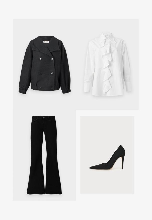 Mustast villasegust jakk, mis on kahekordse eesmine disainiga, suure kraega ja elastsete mansettidega. Includes two front pockets and button accents.; Valge pika varrukaga pluus terava kraega ja keskselelt kraest allääreni ulatuva volditud detailiga.; Musthave mustad teksast valmistatud mustad laiad teksapüksid, millel on klassikaline viie tasku disain, nööp sulgemine ja peened õmblused õmblustel.; Must terava ninaga kõrge kontsaga stiletto-konts, õhukese kontsaga, pildistatud küljelt valgel taustal.