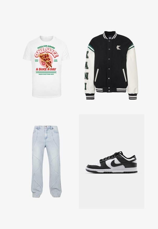 Zwarte wolmix varsityjack met witte leren mouwen, groene accenten, geribde kraag en drukknoopsluiting. Kenmerkt "KANI" in groene borduursel.; Witte t-shirt met een grafische print van een pizzapunt met pepperoni, vergezeld van kleurrijke tekst en een geruit patroon aan de onderkant.; Lichtblauwe denim jeans met gebogen stikpatronen, een knoopsluiting en een relaxte pasvorm. De stof heeft een zachte textuur met een lichte vervaging.; Zwart-witte Nike Dunk sneakers met een leren bovenwerk, geperforeerde neus, zwarte veters en een zwarte rubberen zool met profiel.