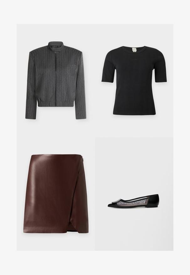 Donkergrijze jas met rits, verticale spijkerstrepen, opstaande kraag, lange mouwen en elastische tailleband, plat getoond op een witte achtergrond.; Zwart geribd Calvin Klein topje met korte mouwen, een ronde halslijn en een subtiel geborduurd logo op de borst, op een effen achtergrond.; Bruine leren wikkelrok met een gladde textuur, asymmetrische zoom en ritsluiting aan de zijkant. Minimalistisch ontwerp zonder patronen of accenten.; Zwarte platte schoen met een puntige neus, voorzien van een bovenwerk van gaas, een afgeronde accent aan de voorkant en een lage hak.