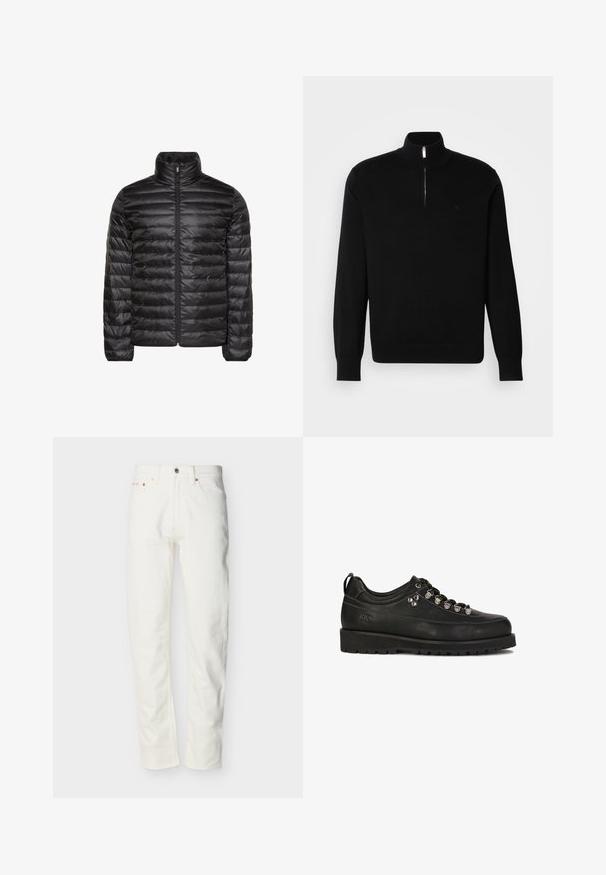 Schwarze gesteppte Jacke mit hohem Kragen, durchgehendem Frontreißverschluss und horizontalem Steppmuster. Glatter, glänzender Stoff mit elastischen Bündchen.; Schwarzer Reißverschluss-Pullover aus feinem Strickmaterial. Mit langen Ärmeln, einem hohen Kragen und einem kleinen Logo auf der Brust.; Herren-Jeans aus weißem Denim mit geradem Bein, vorderer Knopfleiste und Reißverschluss, Gürtelschlaufen und Fünf-Taschen-Design.; Kazar Studio KS BLAISE - Sportlicher Schnürer - black