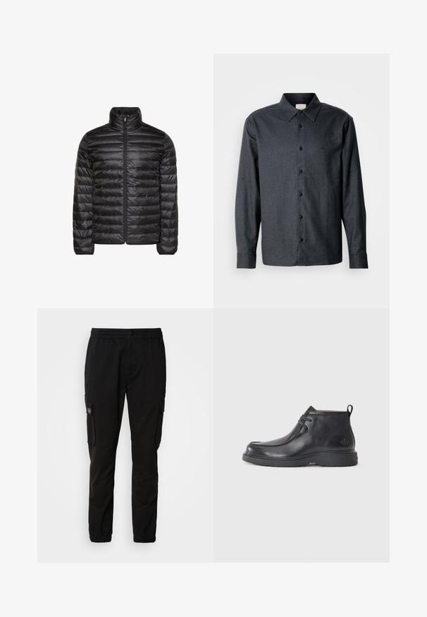 Chaqueta acolchada negra con cuello alto, cremallera completa en el frente y patrón acolchado horizontal. Tejido liso y brillante con puños elásticos.; Camisa de botones de manga larga en gris oscuro, hecha de tejido texturizado, con un cuello clásico, seis botones y un pequeño logo bordado en el pecho.; Pantalones cargo negros con cintura elástica, cierre de botón, dos bolsillos laterales y dos bolsillos cargo. Tejido suave con un corte relajado.; Botas de cuero negras hasta el tobillo con punta redondeada, diseño con cordones y una lengüeta en la parte trasera. Parte superior texturizada y suela de goma.