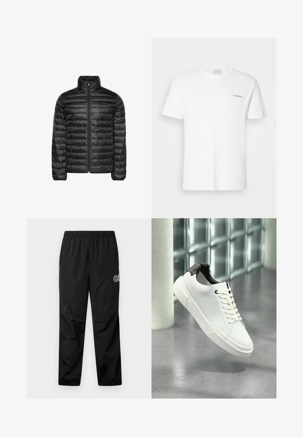 Schwarze gesteppte Jacke mit hohem Kragen, durchgehendem Frontreißverschluss und horizontalem Steppmuster. Glatter, glänzender Stoff mit elastischen Bündchen.; Weißes Baumwoll-T-Shirt mit kurzen Ärmeln und Rundhalsausschnitt. Mit einem kleinen schwarzen "Calvin Klein"-Logo auf der linken Brust.; Schwarze Regenhose aus leichtem, wasserdichtem Material. Mit einem elastischen Bund und Logodetail an der Seite. Glatte Textur.; Weißer Sneaker mit niedrigem Schaft, schwarzem, strukturiertem Fersenlaschen, weißen Schnürsenkeln und dicker Sohle auf einem polierten Betonboden in der Nähe von Glasbausteinen.