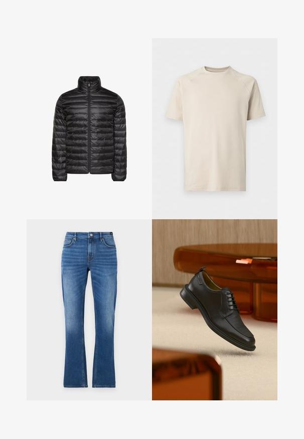 Zwarte gewatteerde jas met een hoge kraag, een volledige ritssluiting aan de voorkant en een horizontaal doorgestikt patroon. Gladde, glanzende stof met elastische manchetten.; Beige T-shirt met korte mouwen en ronde hals met raglanmouwen, effen en van gladde stof.; Jeans met uitlopende pijpen in medium blauw. Heeft een vijfzakkenontwerp, stikselaccenten, een knoopsluiting en een licht vervaagde textuur op de benen.; Zwarte leren veterschoen in de stijl van een nette schoen met een gestructureerd vooraanzicht, zwevend boven een beige tapijt in een moderne kamer met amberkleurige meubelen.
