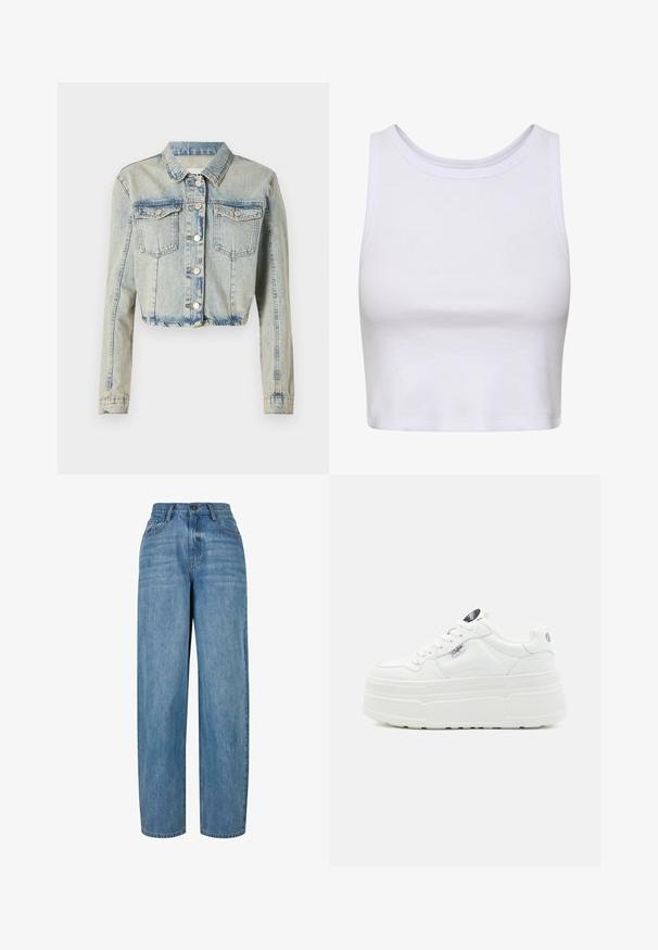 Krat jakke i lys blå denim med forspejling, to brystlommer og lange ærmer med syede detaljer.; Hvid crop-top lavet af ribbet stof, med en rund halsudskæring og ærmeløs design samt en figursyet silhuet. Ingen mønstre eller detaljer.; Lyseblå denimjeans med lige ben-design, der har en knaplukning, fem lommer og subtilt slid i stoffet.; Hvide platform sneakers med en glat syntetisk overflade, rund tå, polstret krave og tekstureret sål. Har et kontrasterende logo-tag.