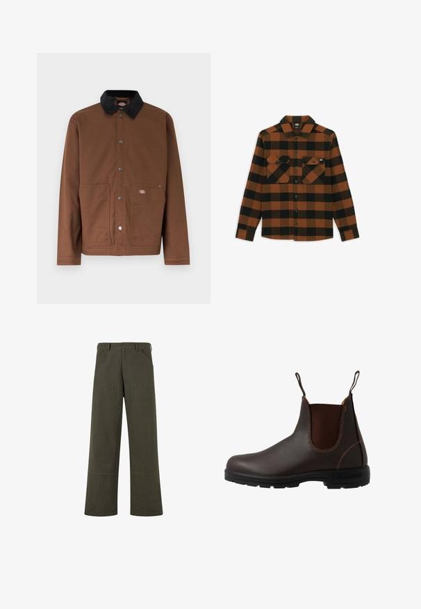 Veste boutonnée marron avec col noir, deux poches avant et une petite écusson logo sur la poche droite.; Chemise à manches longues en motif écossais orange et noir, fabriquée dans un tissu texturé. Comprend deux poches poitrine et une fermeture à boutons.; PROHIBITED EAST HAM CARPENTER - Pantalon classique - green; Botte Chelsea en cuir marron avec panneau latéral élastique, coutures marron, languettes de tirage, et une semelle en caoutchouc durable avec un motif texturé.