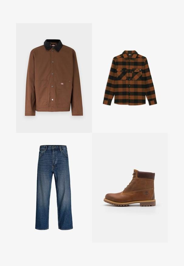 Veste boutonnée marron avec col noir, deux poches avant et une petite écusson logo sur la poche droite.; Chemise à manches longues en motif écossais orange et noir, fabriquée dans un tissu texturé. Comprend deux poches poitrine et une fermeture à boutons.; Jean en denim avec une coupe droite, couleur bleu foncé et délavage subtil. Comprend cinq poches et une fermeture à bouton.; Botte de randonnée en cuir marron avec une finition lisse, cheville rembourrée, œillets en métal et semelle en caoutchouc dotée d'un motif de crampons robuste.