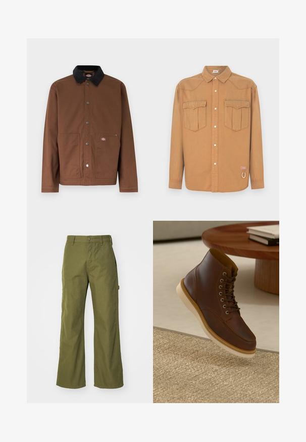Ruskea nappikiinnitteinen takki mustalla kauluksella, kahdella etutaskulla ja pienellä logopatchilla oikeassa taskussa.; Ruskea denimpaita, jossa on kaksi rintataskua, terävä kaulus, napillinen etuosa ja kontrastisaumaus. Varustettu logoplaasilla ja silmukkadetaljilla.; Vihreät leveät housut, jotka on valmistettu kestävästä kankaasta, joissa on napitus, sivutaskut ja suora helma.; Ruske kožne gležnjače s bež potplatom na teksturiranom bež tepihu pored okruglog drvenog stola sa naslaganim knjigama.