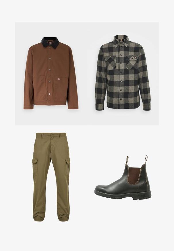 Veste boutonnée marron avec col noir, deux poches avant et une petite écusson logo sur la poche droite.; Chemise en flanelle à carreaux noirs et gris, à manches longues, à boutonnière à l'avant, avec deux poches sur la poitrine et un ourlet légèrement arrondi. Tissu texturé.; Pantalons cargo verts avec une coupe droite, en coton, dotés de poches latérales et d'une fermeture à bouton pour plus de fonctionnalité. Texture lisse, design décontracté.; Bottines Chelsea en cuir noir lisse avec des panneaux élastiques marron sur les côtés, des coutures contrastantes et une semelle en caoutchouc texturée.