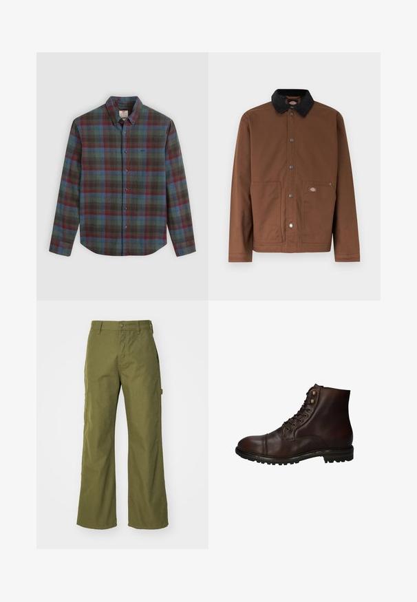 Veste boutonnée marron avec col noir, deux poches avant et une petite écusson logo sur la poche droite.; Chemise à manches longues pour hommes avec un motif tartan rouge, bleu et vert, col écarté et une poche poitrine.; Pantalons larges vert olive en tissu durable, dotés d'une fermeture à bouton, de poches latérales et d'un design à ourlet droit.; Bottines montantes en cuir brun foncé à lacets, avec une semelle en caoutchouc robuste et des œillets en métal, vues du côté extérieur.