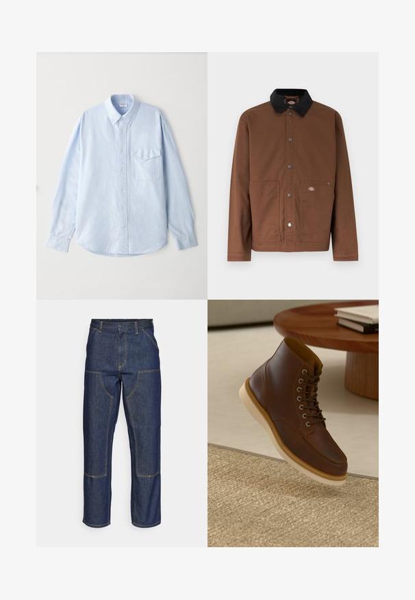 Veste boutonnée marron avec col noir, deux poches avant et une petite écusson logo sur la poche droite.; Chemise boutonnée bleu clair en tissu doux, avec un col classique, des manches longues et une poche sur la poitrine avec rabat.; Jeans en denim bleu foncé avec une taille haute, une coupe droite, des coutures contrastantes et des poches appliquées à l'avant.; Bottine en cuir marron avec semelle beige sur un tapis beige texturé à côté d'une table ronde en bois avec des livres empilés.