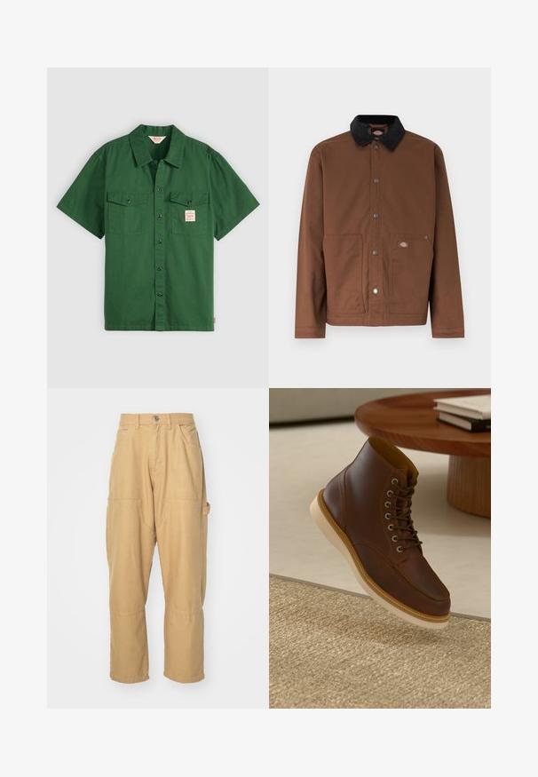 Chaqueta marrón con botones, cuello negro, dos bolsillos delanteros y un pequeño parche con logo en el bolsillo derecho.; Camisa de algodón verde de manga corta con botones en la parte delantera, dos bolsillos en el pecho y una pequeña etiqueta en el bolsillo izquierdo. Sencilla, sin patrones.; Pantalones cargo beige hechos de una mezcla de algodón. Presentan múltiples bolsillos, piernas rectas y un cierre de botón en la cintura.; Botín de cuero marrón con suela beige sobre una alfombra beige texturizada al lado de una mesa redonda de madera con libros apilados.