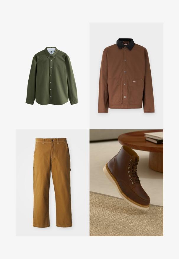 Veste boutonnée marron avec col noir, deux poches avant et une petite écusson logo sur la poche droite.; Chemise à manches longues vert olive avec un col boutonné, des boutons sur le devant et un petit logo brodé. Tissu doux avec un design structuré.; Pantalon en coton marron à coupe droite, avec des coutures renforcées et des poches latérales. Il dispose d'une fermeture à bouton et de passants de ceinture à la taille.; Bottine en cuir marron avec semelle beige sur un tapis beige texturé à côté d'une table ronde en bois avec des livres empilés.