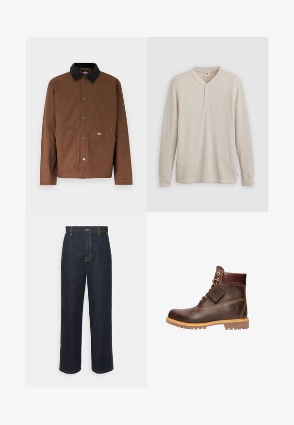 Bruine jas met knopen, zwarte kraag, twee voorzakken en een klein logoplaatje op de rechterzak.; Lange mouwen henley-shirt in lichtbeige ribbelstof, met een V-hals, een drieknoopsluiting en manchetten. Rode logo-label aan de onderkant.; Wijde donkerblauwe spijkerbroek met gele stiksels, voorzien van een knoopsluiting aan de voorkant en zijzakken. Glad van textuur en met een traditioneel ontwerp.; Bruine leren enkelboot met een ronde neus, stevige zool, hardware in goudkleur en een gestructureerde bovenkant. Inclusief een merklabel dat is bevestigd.