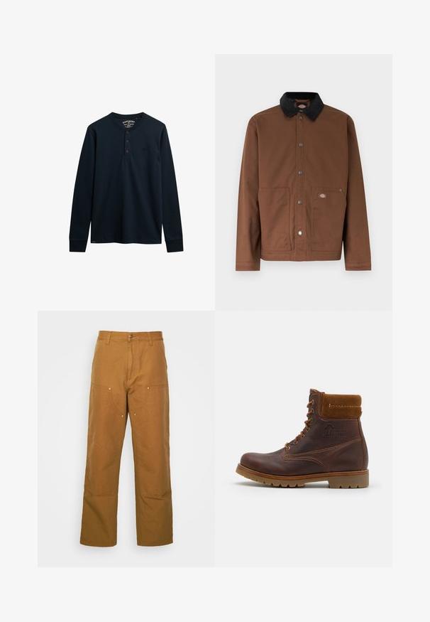 Chaqueta marrón con botones, cuello negro, dos bolsillos delanteros y un pequeño parche con logo en el bolsillo derecho.; Camisa henley de manga larga en color marino, hecha de algodón suave, con una tapeta de tres botones, dobladillo redondeado y pequeño logotipo en el pecho.; Pantalones utilitarios de algodón marrón con un diseño de pierna recta, que cuentan con bolsillos frontales y acentos de metal para mayor durabilidad.; Panama Jack Botines con cordones - bark