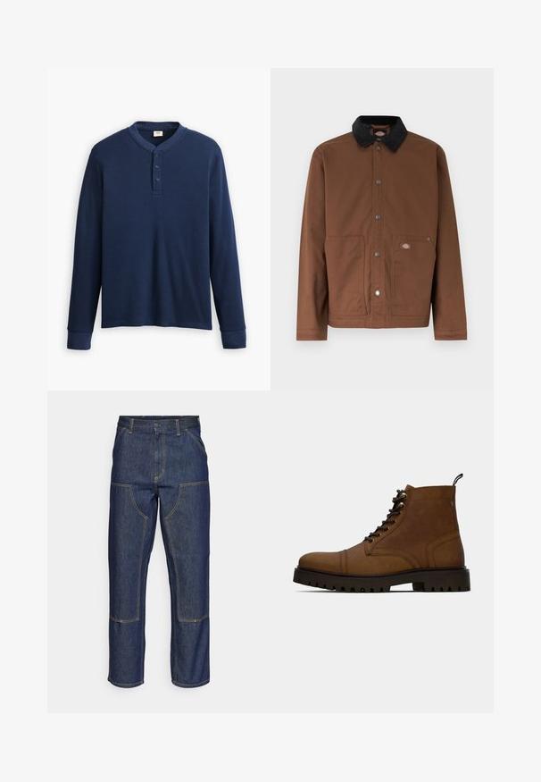 Veste boutonnée marron avec col noir, deux poches avant et une petite écusson logo sur la poche droite.; Chemise henley à manches longues de couleur bleu marine en tissu côtelé. Présente un col rond et une patte de boutonnage à trois boutons. Les poignets sont ajustés.; Jeans en denim bleu foncé avec une taille haute, une coupe droite, des coutures contrastantes et des poches appliquées à l'avant.; Botte de cheville en cuir marron à lacets avec semelle crantée noire épaisse et languette, sur fond blanc.