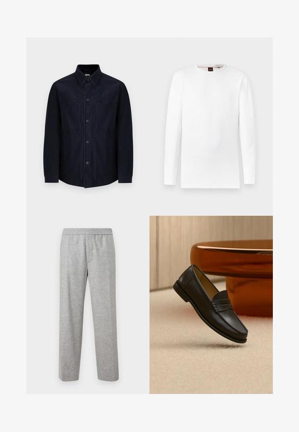 Chemise button-up navy en tissu doux, avec un col étalé, deux poches avant et une coupe légèrement cintrée avec une texture lisse.; T-shirt blanc à manches longues en matière texturée, avec un col rond et un logo discret embossé au centre.; Pantalons en tissu texturé gris clair, avec une taille élastique. Design à jambe droite, sans poches visibles ni détails matériels.; Chaussure mocassin en cuir noir suspendue au-dessus d’un tapis beige avec du mobilier moderne couleur ambre en arrière-plan.