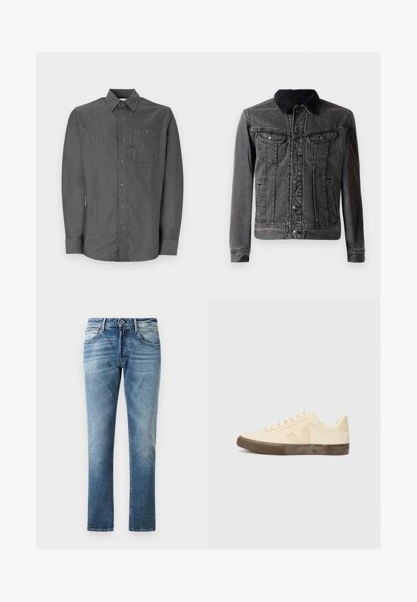Schwarze Denimjacke mit einem flauschigen schwarzen Kragen, zwei Brusttaschen, Knopfverschluss vorne und langen Ärmeln mit figurbetontem Design.; Grau gestreiftes Langarmhemd mit Button-Down-Kragen und Brusttasche, ausgestattet mit kleinen Knöpfen und einem strukturierten Stoff.; Blaue gerade geschnittene Jeans mit ausgewaschenen Details, vorderem Knopf und Taschen, vor einem schlichten weißen Hintergrund präsentiert.; Beige Leinensneaker mit runder Zehenpartie, flachen Schnürsenkeln und strukturiertem braunem Gummi-Sohle. Mit einem Logo an der Seite und einem minimalistischen Design.
