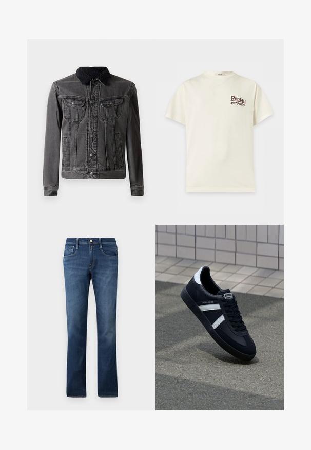Schwarze Denimjacke mit einem flauschigen schwarzen Kragen, zwei Brusttaschen, Knopfverschluss vorne und langen Ärmeln mit figurbetontem Design.; Cremefarbenes T-Shirt mit kurzen Ärmeln und Rundhalsausschnitt mit "Replay Motocicli" in kleinen dunklen Buchstaben auf der linken Brust.; Blaue Denim-Jeans mit geradem Schnitt, ausgestattet mit Fronttaschen, einem Reißverschluss und einem Knopfverschluss. Mittlere Waschung mit subtilen Ausbleichungen.; Schwarze Leder-Sneaker mit weißen Streifen, strukturiertem Gummisohle und Schnürung. Verfügt über ein Markenetikett auf der Zunge.