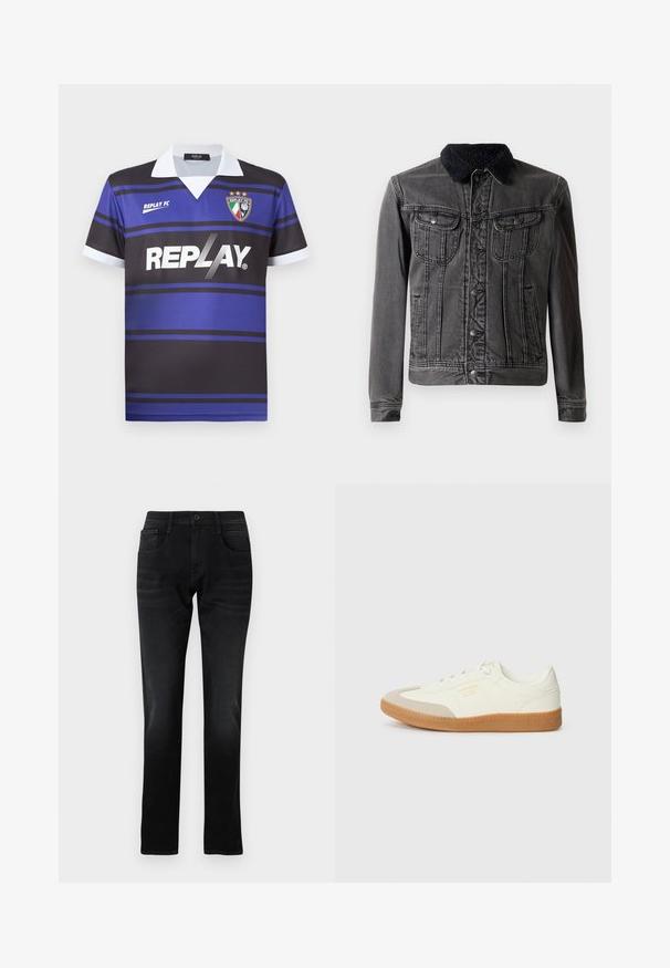 Schwarze Denimjacke mit einem flauschigen schwarzen Kragen, zwei Brusttaschen, Knopfverschluss vorne und langen Ärmeln mit figurbetontem Design.; Schwarz-blaues Fußballtrikot mit horizontalen Streifen, weißem Kragen und "REPLAY"-Logo. Mit einem Wappensymbol mit Sternen darüber.; Schwarze Jeans aus Denim mit geradem Schnitt, Fronttaschen und einem einzelnen Knopfverschluss. Verfügt über subtile Verblassungen und Näh-Details.; Sneaker aus weißem Leder mit einer beigen Zehenkappe und leichter brauner Gummisohle. Verfügt über flache weiße Schnürsenkel und geprägtes Branding an der Seite.