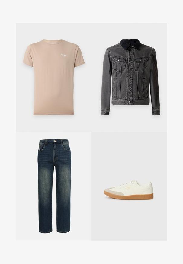 Veste en denim noire avec un col en peluche noir, dotée de deux poches poitrine, d'une fermeture à boutons sur le devant et de manches longues avec une coupe ajustée.; T-shirt beige manches courtes à col rond avec petit logo blanc « Pepe Jeans » sur la partie haute gauche de la poitrine.; Jean droit bleu foncé avec légère décoloration sur le devant des cuisses, cinq poches, et une fermeture à bouton à la taille.; Baskets en cuir blanc avec une coque beige et une semelle en caoutchouc marron clair. Dotées de lacets blancs plats et d'un logo embossé sur le côté.