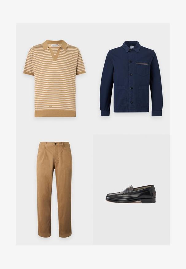 Veste longue à manches longues bleu marine avec trois poches avant, un col et un détail de couture multicolore sur la poche poitrine.; Polo à manches courtes de couleur fauve avec des rayures blanches horizontales et un col en V, présenté sur fond blanc.; Chinos marron à jambes droites, plis à l'avant, deux poches avant et une seule poche arrière. Fabriqués dans un mélange de coton lisse.; Mocassins en cuir noir avec un design de style mocassin, présentant une bande décorative et un détail de couture sur le dessus. Talon bloc bas.