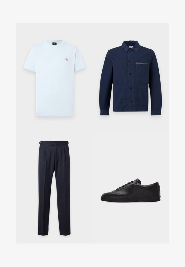 Veste longue à manches longues bleu marine avec trois poches avant, un col et un détail de couture multicolore sur la poche poitrine.; T-shirt blanc à manches courtes avec col rond, petit logo zèbre multicolore brodé sur le côté gauche de la poitrine.; Pantalon habillé bleu marine cintré avec plis, pattes latérales ajustables et coupe droite slim sur un fond clair uni.; Baskets basses en cuir noir avec lacets sur le devant et semelle en caoutchouc plate, vues de côté sur un fond blanc uni.