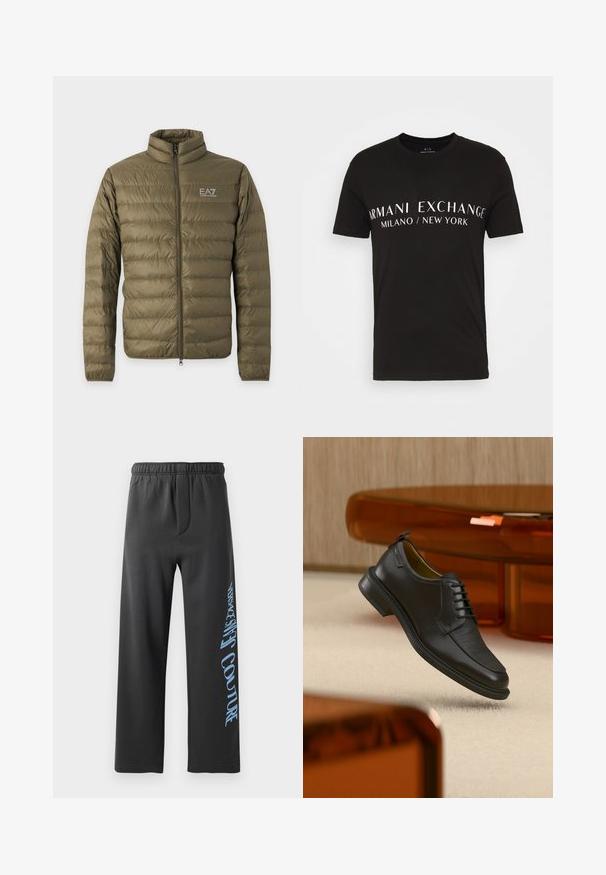 Olivgrüne leichte gesteppte Jacke mit langen Ärmeln, Stehkragen, Frontreißverschluss und weißem EA7 Emporio Armani Logo auf der Brust.; Schwarzes Baumwoll-T-Shirt mit dem Text "ARMANI EXCHANGE MILANO / NEW YORK" in Weiß, mit klassischem Rundhalsausschnitt und kurzen Ärmeln.; Schwarze Sweatpants aus weichem Material, mit lockerer Passform und elastischem Bund. Auffälliger blauer Aufdruck entlang der Seite.; Schwarzer Leder-Schnürschuh mit texturierter Vorderseite, schwebend über beigem Teppich in einem modernen Raum mit bernsteinfarbenen Möbeln.
