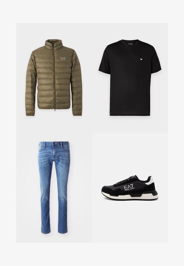 Letvægts olivengrøn quiltet jakke med lange ærmer, opretstående krave, frontlynlås og hvid EA7 Emporio Armani-logo på brystet.; Sort bomuldst-shirt med rund halsudskæring. Har en lille gylden logo på venstre bryst. Korte ærmer og en lige kant.; Lysblå denim jeans med lige ben-design, der har traditionelle fem-lomme detaljer og diskret falmning mod knæene.; Sort og hvid Emporio Armani EA7 sneaker med snørelukning og tyk sål, vist fra siden på en ensfarvet lys baggrund.