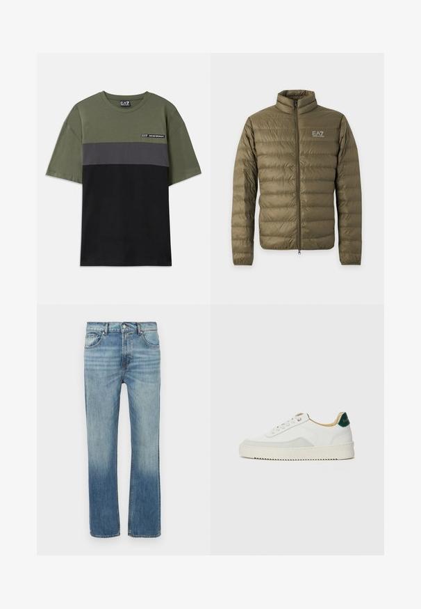 Ľahká prešívaná bunda olivovo zelenej farby s dlhými rukávmi, stojačikom, predným zipsom a bielym logom EA7 Emporio Armani na hrudi.; Zelené tričko s krátkym rukávom s šedými a čiernymi horizontálnymi pruhmi, okrúhlym výstrihom a malým logom EA7 na ľavej hornej strane hrudi.; Svetlomodré rifle z denimu s rovnými nohavicami, vyblednutými detailmi, piatimi vreckami a predným zapínaním na gombík. Viditeľné švy pozdĺž spojov.; Biele tenisky s semišovými akcentmi, zaoblenou špičkou, plochými šnúrkami a krémovou gumovou podrážkou. Na päte sú zelené značky.