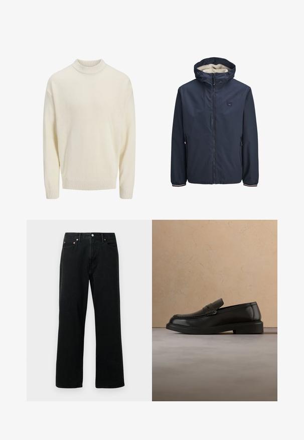 Marineblaue Jacke mit Reißverschluss und Kapuze, ausgestattet mit einem weichen Fleece-Futter. Enthält seitliche Taschen und gestreifte Akzente an den Bündchen.; Weißer gestrickter Pullover mit geripptem Rundhalsausschnitt und gerippten Bündchen. Der Stoff hat eine glatte Textur und eine lockere Passform.; Schwarze Jeans aus Denim mit gerade geschnittenem Bein, fünf Taschen, Metallnieten und Knopfverschluss. Der Stoff hat eine weiche Textur mit minimaler Ausbleichung.; Schwarzer Lederschuh ohne Schnürsenkel schwebt über einem beigen gewebten Teppich, im Hintergrund ein runder Holztisch und ein Sofa.