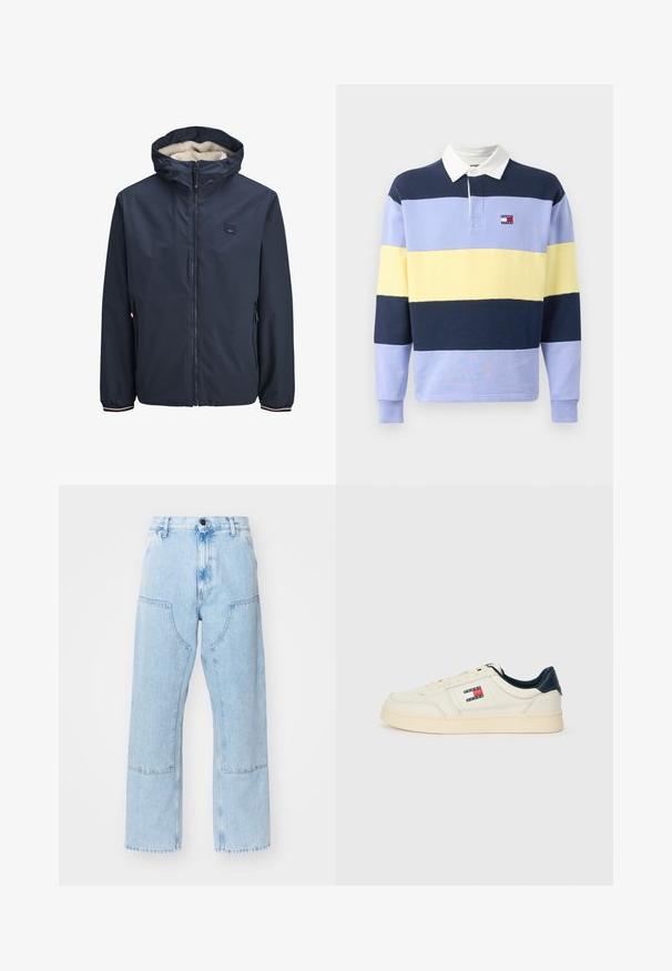 Námornícka modrá bunda so zipsom a kapucňou, s mäkkou fleece podšívkou. Obsahuje bočné vrecká a pruhované akcenty na manžetách.; Polo tričko s dlhým rukávom vyrobené z bavlny, s horizontálnymi pruhmi v námorníckej modrej, svetlej fialovej, žltej a tmavej fialovej farbe. Biele golier a malé logo.; Svetlomodré džíny s rovnými nohavicami, veľkými prednými vreckami a kontrastným šitím. Tkanina má vyblednutú, jemnú textúru.; Tenisky v krémovo bielej koži s námořníckym modrým pätou a jazýčkom, so značním štítkom v červenej, bielej a modrej na boku.