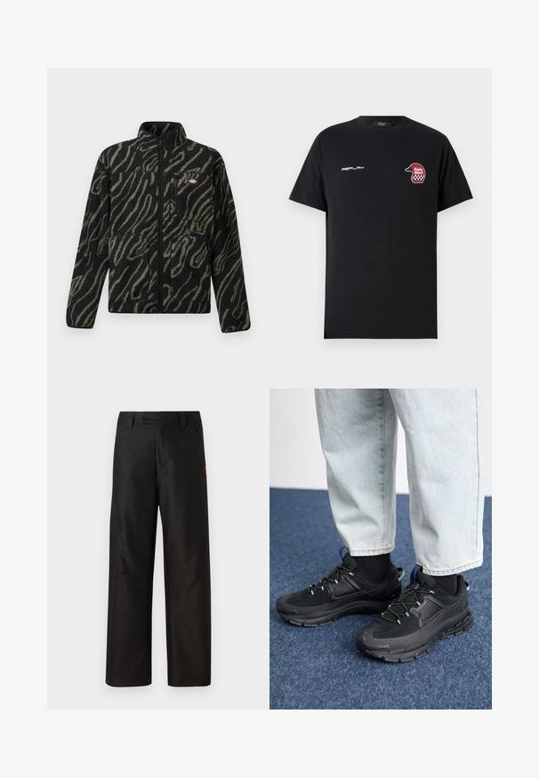 Sort fleecejakke med grønt abstrakt mønster, fuld lynlås, høj krave og frontlomme med lynlås. Blød tekstur og design med normal pasform.; Replay SHORT SLEEVE GRAPHIC - T-shirts print - black; Sorte bukser med bred benvidde lavet af glat stof, med flad front, bæltestropper og to sidelommer. Rød logoaccent på siden.; Sorte træningssko med tekstureret stof og gummisåler, udstyret med elastiske snørebånd og en blå detalje på hælen. Bæres med lyse denimbukser.
