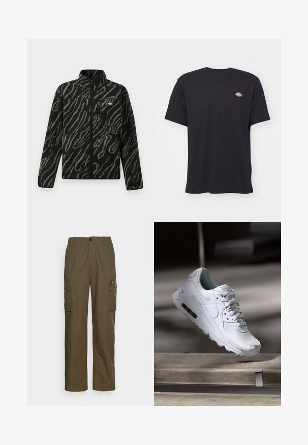 Sort fleecejakke med grønt abstrakt mønster, fuld lynlås, høj krave og frontlomme med lynlås. Blød tekstur og design med normal pasform.; Sort kortærmet t-shirt med rund hals og et lille farverigt Dickies-logo på venstre bryst mod en ensfarvet baggrund.; Cargo bukser i olivengrøn, lavet af slidstærkt stof. Har to sidelommer, en standard talje og en lige ben design.; Hvide Nike Air Max 90 sneakers med en overdel i mesh og læder, perforeret tåboks og en synlig luftenhed i hælen.