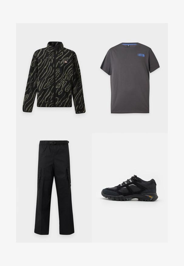 Sort fleecejakke med grønt abstrakt mønster, fuld lynlås, høj krave og frontlomme med lynlås. Blød tekstur og design med normal pasform.; Mørkegrå T-shirt med korte ærmer og rund hals med lille blå The North Face-logo på øverste venstre bryst mod hvid baggrund.; Sorte cargo-bukser med bred ben-design, justerbar talje med spænde og to sidelommer til opbevaring. Letvægtsstof.; Sort udendørs sko lavet af ruskind og mesh med en robust sål. Har grå accenter og Vibram-branding på siden. Snøredesign.