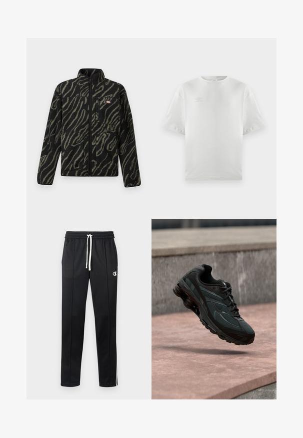 Sort fleecejakke med grønt abstrakt mønster, fuld lynlås, høj krave og frontlomme med lynlås. Blød tekstur og design med normal pasform.; Hvid bomulds t-shirt med korte ærmer, rund hals og diskret logo trykt i lys grå på brystet; glat tekstur og afslappet pasform.; Sorte atletiske bukser med hvid snor, sidelister, frontlommer og et lille hvidt Champion-logo på venstre lår.; Sort atletisk sneaker med synligt luftdæmpende mellemsål, der svæver over en pink stenoverflade med en grå stenvæg i baggrunden.