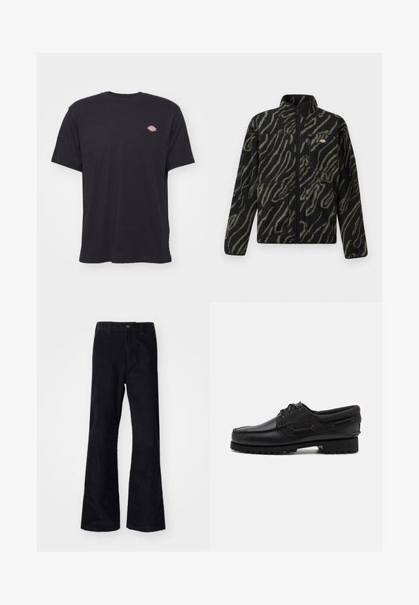 Sort fleecejakke med grønt abstrakt mønster, fuld lynlås, høj krave og frontlomme med lynlås. Blød tekstur og design med normal pasform.; Sort kortærmet t-shirt med rund hals og et lille farverigt Dickies-logo på venstre bryst mod en ensfarvet baggrund.; Sorte, bomuldsforlængede bukser med en traditionel linning, enkelt forreste knap og lommer på siderne og bagpå. Glat tekstur.; Sort sko med overdel i læder, tekstilaccentuer, runde snørebånd og en tekstureret gummisål. Udstyret med mokkasinsyning og branddetalje.