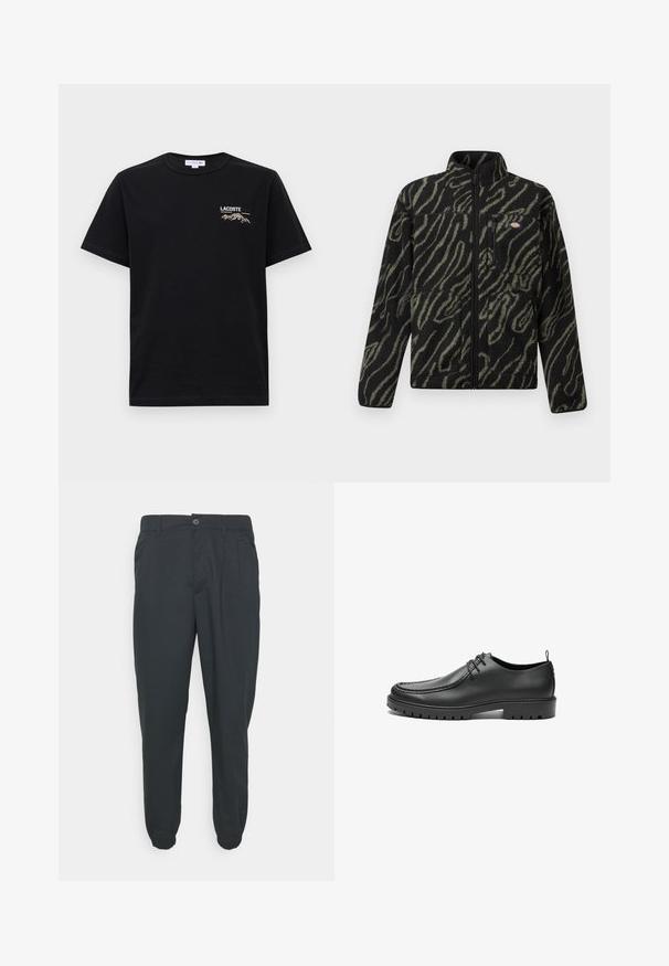 Sort fleecejakke med grønt abstrakt mønster, fuld lynlås, høj krave og frontlomme med lynlås. Blød tekstur og design med normal pasform.; Sort bomulds T-shirt med korte ærmer, rund hals og et broderet "LACOSTE" logo med bjerggrafik på venstre bryst.; Sorte bukser med en tapered benafskæring, elastiske manchetter, sidelommer og knaplukning; lavet af letvægtsstof med en glat tekstur.; Sorte lædersko med en glat overflade, rund tå og dekorativ stikning. Har en gummisål med skridsikre spor og snørebåndsdesign.