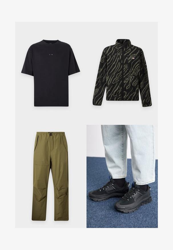 Zwarte fleecejack met groen abstract patroon, volle rits, hoge kraag en een voorzak met rits. Zachte textuur en regular fit ontwerp.; Oakley RISE TEE - T-shirt basic - blackout; Olijfgroene rechte broek met een elastische tailleband en trekkoord, voorzien van zijzakken en een klepzak op de rechterdij.; Zwarte sportschoenen met gestructureerde stof en rubberen zolen, met elastische veters en een blauwe accent op de hiel. Draag samen met lichte spijkerbroeken.