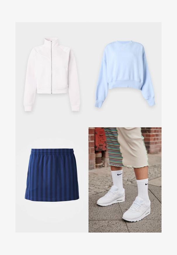 Lyserød zip-up jakke med høj krave, lange ærmer, ribbede manchetter, to sidelommer og subtile skrå sømdetaljer på forsiden.; Lyseblå cropped sweatshirt med lange ærmer, ribstrikkede manchetter og kant samt lille hvid Nike-logo på brystet mod en ensfarvet baggrund.; Mørkeblå nederdel med lodrette striber, elastisk talje, længde til midten af låret, lavet af letvægtsstof, glat tekstur.; Hvide Nike Air Max 90 sneakers med mesh og læderoverdel, der har en synlig luftenhed, parret med hvide ribbede sokker med sort logo.