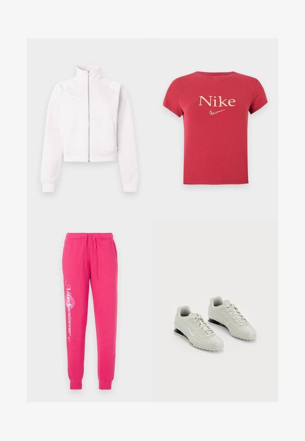 Lyserød zip-up jakke med høj krave, lange ærmer, ribbede manchetter, to sidelommer og subtile skrå sømdetaljer på forsiden.; Rød t-shirt med korte ærmer med "Nike" tekst og et lille leopardmønstret Nike swoosh-logo centreret på brystet.; Lyserøde sweatpants lavet af blødt stof, med snor i taljen, tapered cuffs og hvid grafisk tekst på venstre ben.; Hvide Nike sneakers med en tekstureret overdel, der har en glat tæer og sorte polstringselementer. Snørebåndsstil med forstærket hæl.