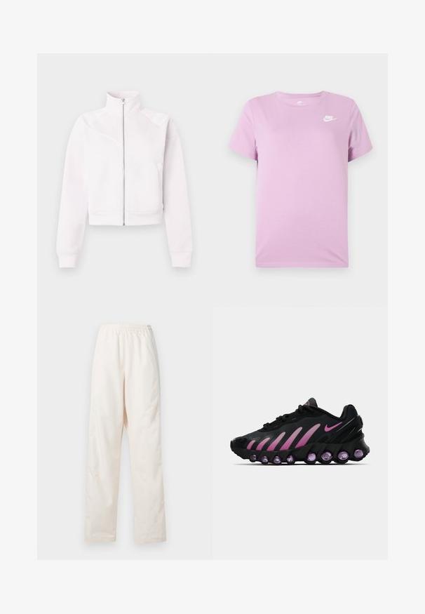 Helle rosa Zip-Jacke mit hohem Kragen, langen Ärmeln, gerippten Bündchen, zwei Seitentaschen und subtilen diagonalen Nahtdetails auf der Vorderseite.; Lila Nike T-Shirt mit kurzen Ärmeln, weißem Nike-Logo auf der linken oberen Brust, Rundhalsausschnitt und einfarbigem Stoffhintergrund.; Locker sitzende, crèmefarbene Hose mit elastischem Bund und geradem Beinschnitt, vor einem einfarbigen weißen Hintergrund präsentiert.; Schwarze und rosa Nike-Sneaker mit einem Mesh-Obermaterial, geschwungenem Design und abgerundeten lila Dämpfungselementen an Sohle und Seiten.