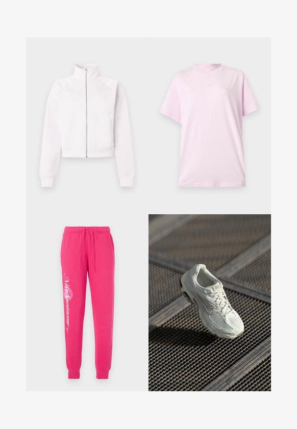 Lyserød zip-up jakke med høj krave, lange ærmer, ribbede manchetter, to sidelommer og subtile skrå sømdetaljer på forsiden.; Lyserød kortærmet Nike T-shirt med rund hals og et lille hvidt Nike-logo centreret på brystet, vist på en ensfarvet baggrund.; Lyserøde sweatpants lavet af blødt stof, med snor i taljen, tapered cuffs og hvid grafisk tekst på venstre ben.; Hvide Nike løbesko med overdel i mesh og syntetisk materiale, som hviler på metalristgulv i blødt naturligt lys.