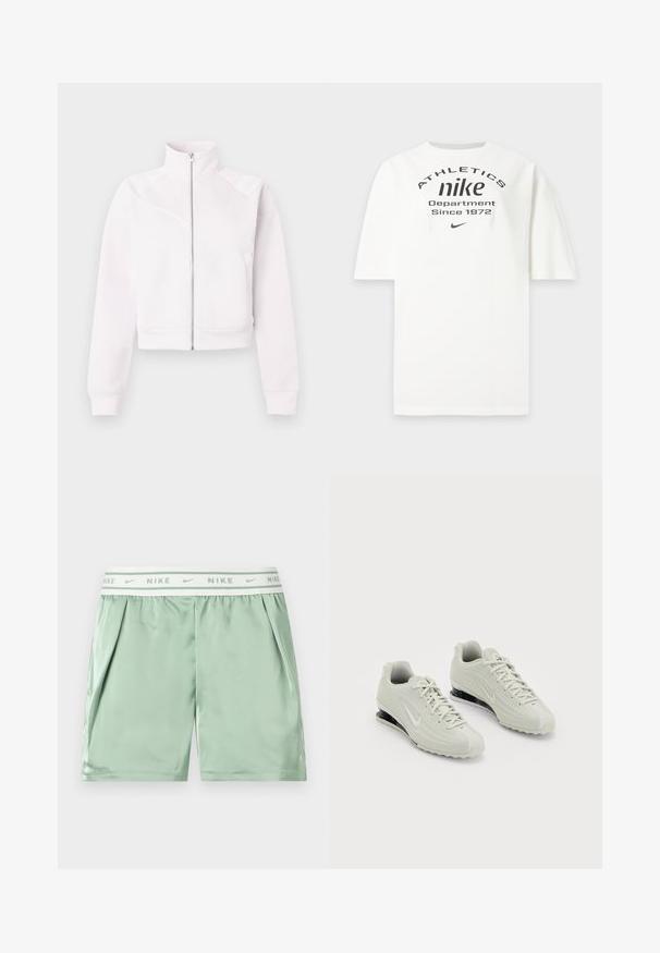 Veste à zip rose clair avec col montant, manches longues, poignets côtelés, deux poches latérales et détails de coutures diagonales subtiles à l'avant.; T-shirt blanc Nike avec texte noir "ATHLETICS nike Department Since 1972" et un petit logo Nike swoosh sous le texte.; Short de sport Nike vert clair avec une ceinture élastique blanche affichant des logos Nike répétés et des poches latérales.; Baskets Nike blanches avec un dessus texturé, présentant un embout lisse et des accents de rembourrage noirs. Style à lacets avec un talon renforcé.