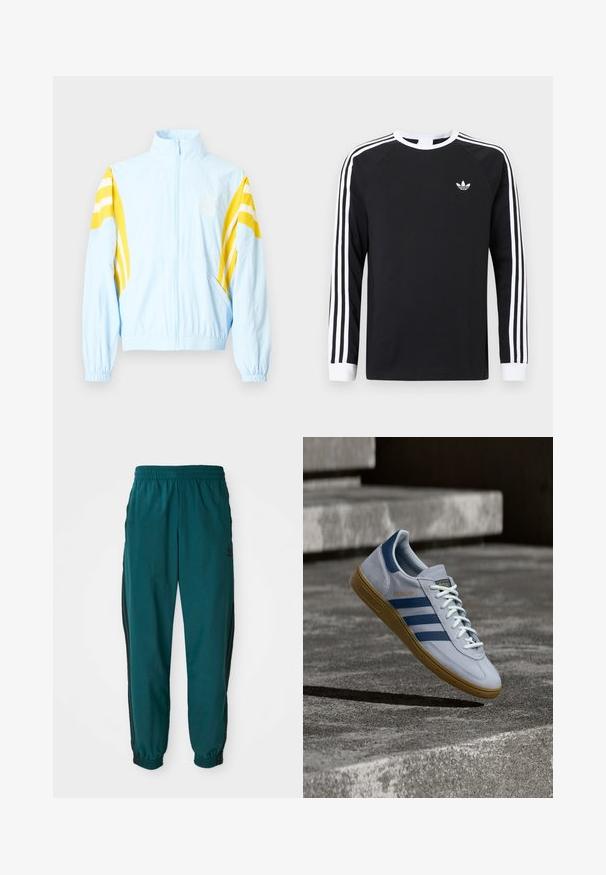 Lyseblå jakke med høj krave, gule diagonale striber på ærmerne, elastiske manchetter og lynlås foran. Har en logo på brystet.; Sort langærmet T-shirt med hvidt trestribet design på ærmerne. Har rund halsudskæring og et lille hvidt logo på brystet.; Teal sportsbukser med snoretræk i taljen, elastiske manchetter og sorte striber på siden. Lavet af letvægtsstof med et logo nær hoften.; Lyseblå Adidas Spezial sneakers med marineblå striber og gummisål, vist i luften over betontrapper i et neutralt udendørsmiljø.
