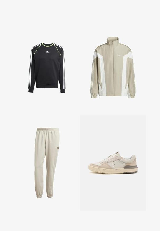 Veste zippée beige clair avec des accents blancs, équipée d'un col montant, de poignets élastiques et d'une subtile marque sur la poitrine.; Sweat-shirt noir avec un design à trois rayures blanches sur les manches et des accents vert citron. Il présente un col rond et un petit logo sur la poitrine.; Pantalons de jogging beige clair avec une taille élastique, des poignets fuselés et une petite étiquette de marque près de la hanche. Tissu doux avec une texture lisse.; Baskets en daim crème clair et tan, présentant un système de laçage, des détails perforés et une semelle en caoutchouc texturé pour une adhérence optimale.