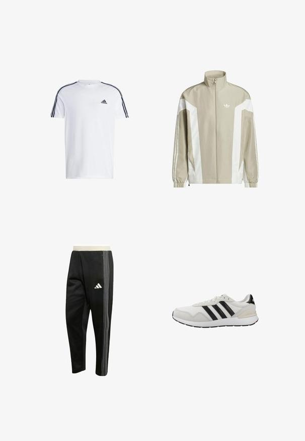 Chaqueta de cremallera color beige claro con acentos blancos, que presenta un cuello alto, puños elásticos y un sutil logotipo en el pecho.; Camiseta blanca de manga corta hecha de algodón con el logo negro de adidas en el pecho y tres franjas negras a lo largo de los hombros.; Pantalones deportivos negros con triple raya blanca a lo largo del lateral, bolsillo con cremallera y un logo blanco de Adidas en el muslo.; Zapatillas deportivas blancas con rayas negras. Fabricadas con malla y ante, cuentan con suela de caucho y cuello acolchado para mayor comodidad. Diseño clásico.