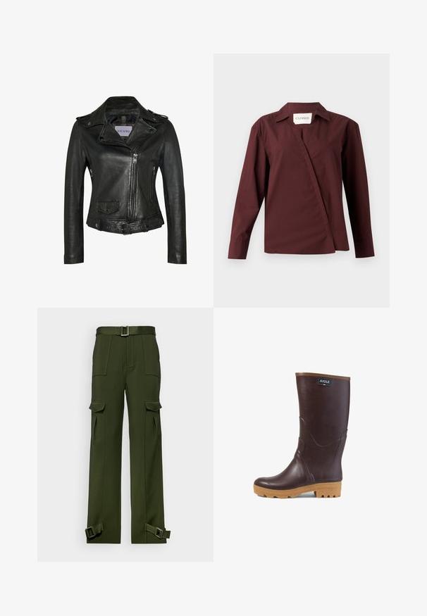 Sort læder motorcykeljakke med bred krave, skrå lynlås, sidelommer og en struktureret overflade. Har en bælte i taljen.; CLOSED ASYMMETRIC SHIRT - Skjortebluser - dark raisin red; Grønne cargo-bukser lavet af slidstærkt stof. Funktionen inkluderer en bæltestrop i taljen, flere store lommer og spænder ved anklerne.; Mørkebrun gummistøvle til midt på skinnebenet med lysebrun sål, tekstureret slidbane og "AIGLE" logo-patch nær toppen.