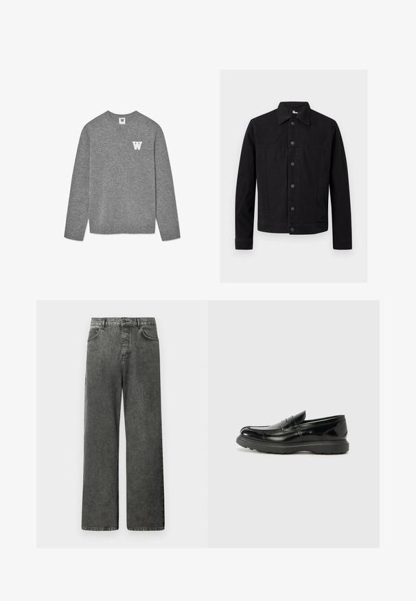 Sort denimjakke med lange ærmer, knaplukning foran og spids krave, vist mod en ensfarvet lys baggrund.; Grå strikket sweater med en rund halsudskæring og ribbede manchetter. Et hvidt bogstav "W" er broderet på venstre bryst. Blød tekstur.; Sorte vidde-benet denimjeans med lommer foran og bagpå, bæltestropper og knaplukning ved taljen.; Sort læderloafer med en blank finish, rund tå, subtile syninger og en tyk gummisål for holdbarhed.