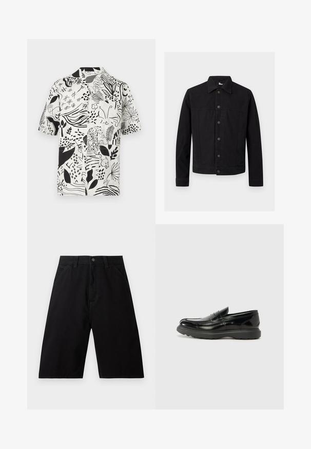 Veste en denim noir à manches longues, fermeture à boutons sur le devant, col pointu, présentée sur un fond clair uni.; Chemise à manches courtes boutonnée avec imprimé nature abstrait en noir et blanc, comprenant des illustrations de feuilles, fleurs, papillon, léopard et renard.; Short en denim noir longueur genoux avec poches avant, passants de ceinture et fermeture par bouton à la taille.; Mocassin en cuir noir avec une finition brillante, bout arrondi, détails de couture subtils et semelle en caoutchouc épaisse pour la durabilité.