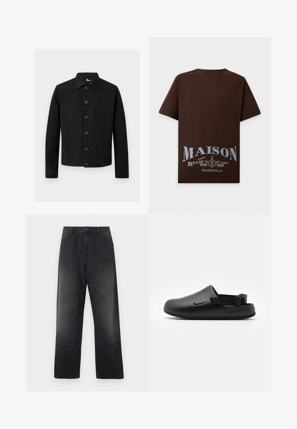 Schwarze Jeansjacke mit langen Ärmeln, Knopfleiste vorne und spitzem Kragen, vor einfachem hellem Hintergrund dargestellt.; Braunes kurzärmeliges T-Shirt mit großem hellblauem Text "MAISON 6" und kleinerem Text "Ready Worn Margiela Est 1997" unten vorne.; Schwarze Jeans mit weitem Bein, vorderen aufgesetzten Taschen, Gürtelschlaufen sowie Knopf- und Reißverschluss.; Schwarze geformte Clogs mit glatter Textur, einem Hinterriemen für Stabilität und einer geriffelten Sohle für Grip. Mit kleinem Logo an der Seite.